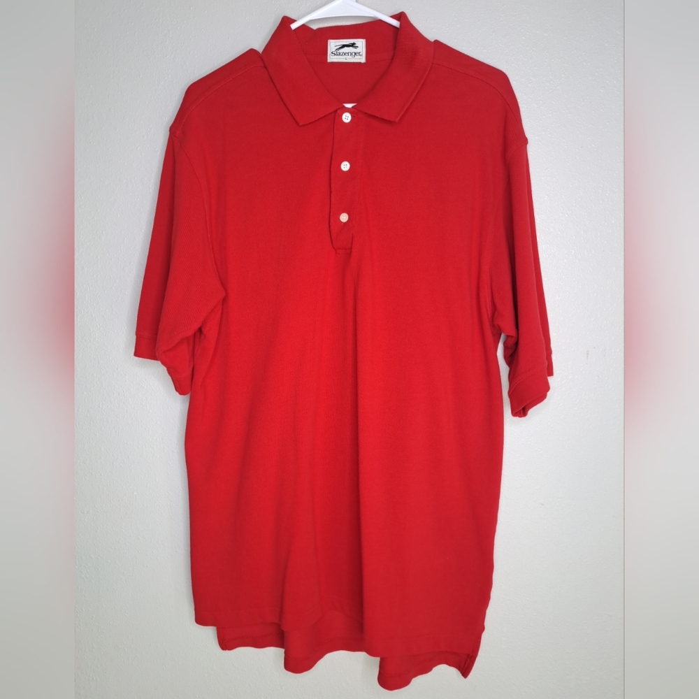 Slazenger Polo Shirt Mens Large Red Stretch Split Hem Short Sleeve Black Logo